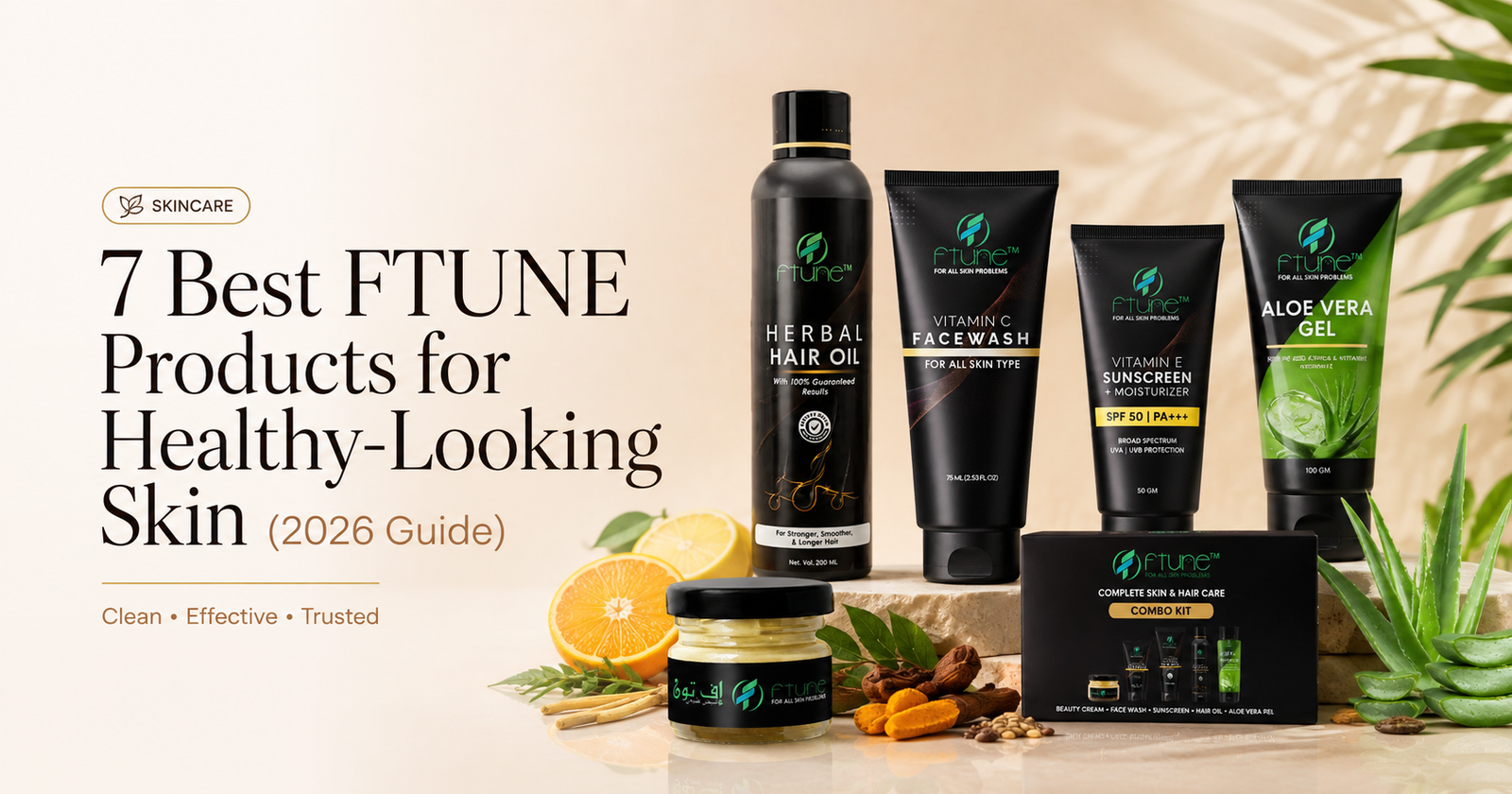 FTUNE skincare products including Beauty Cream, Face Wash, Sunscreen, Hair Oil and Aloe Vera Gel